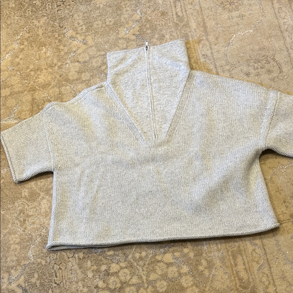 Cropped Light Gray Zip Mock Neck Sweater